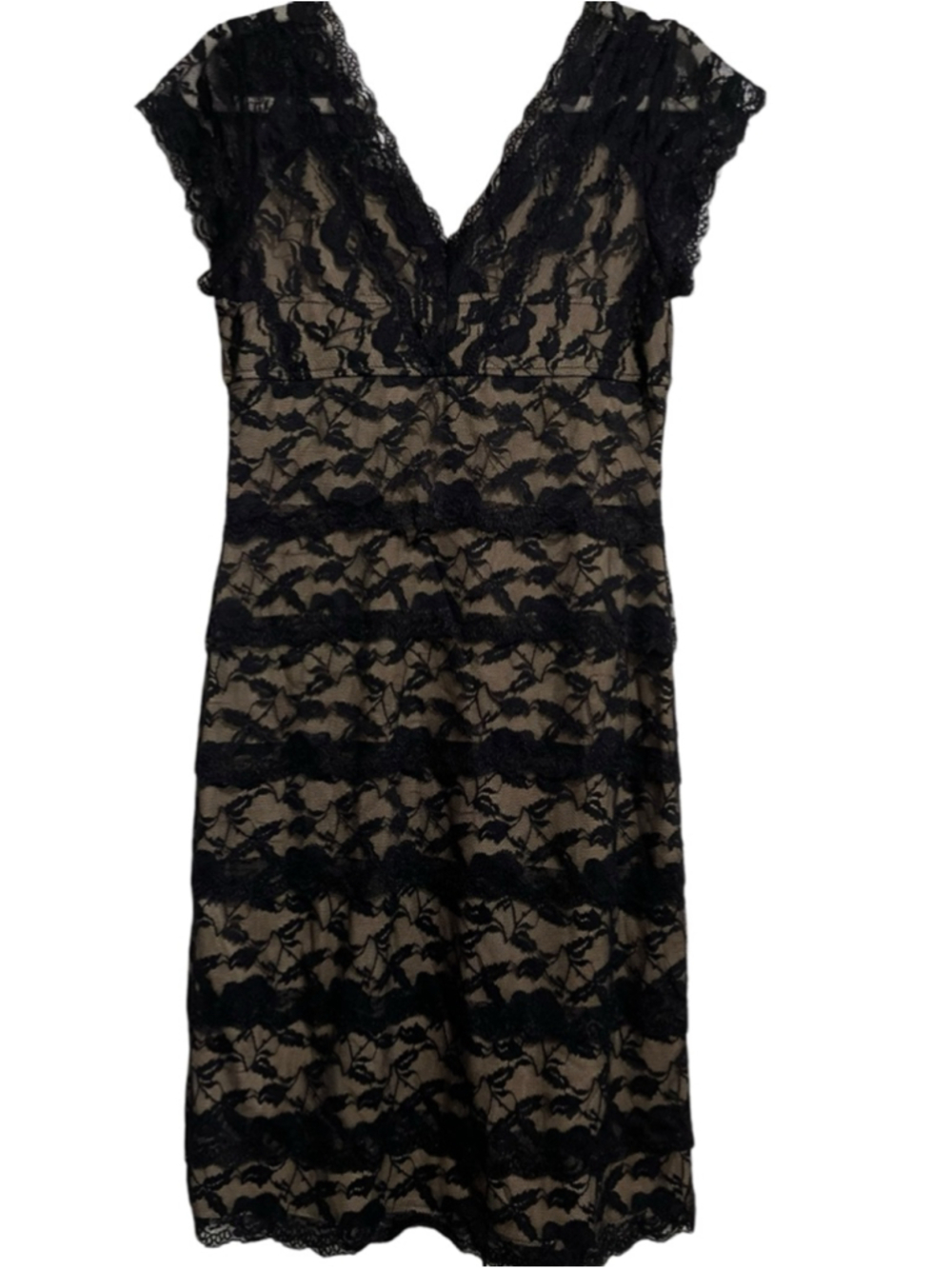Women's MARINA Black Beige Lace Overlay V-Neck Dress Size 10 - Picture 4 of 8